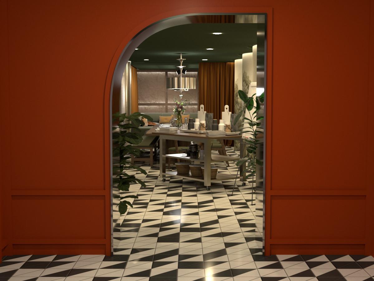 Terracotta archway opening to checkered floor interior