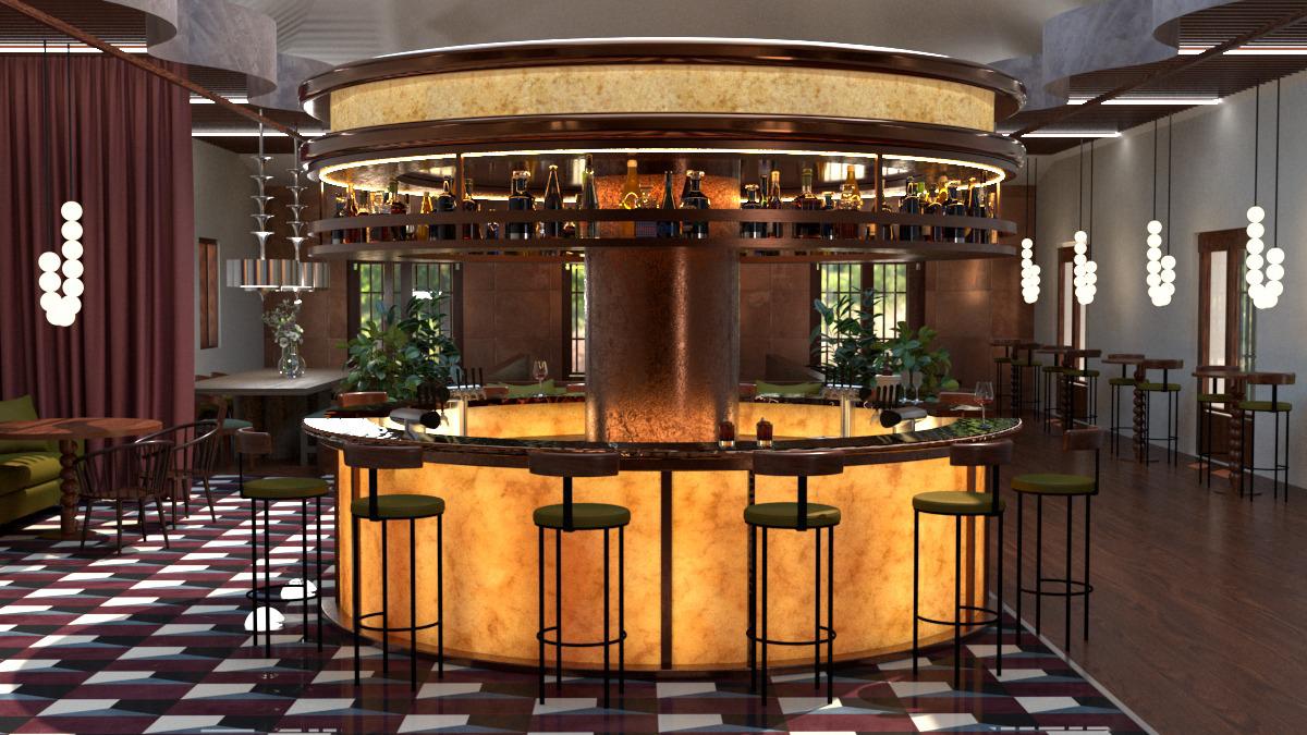 Circular illuminated bar with onyx panels