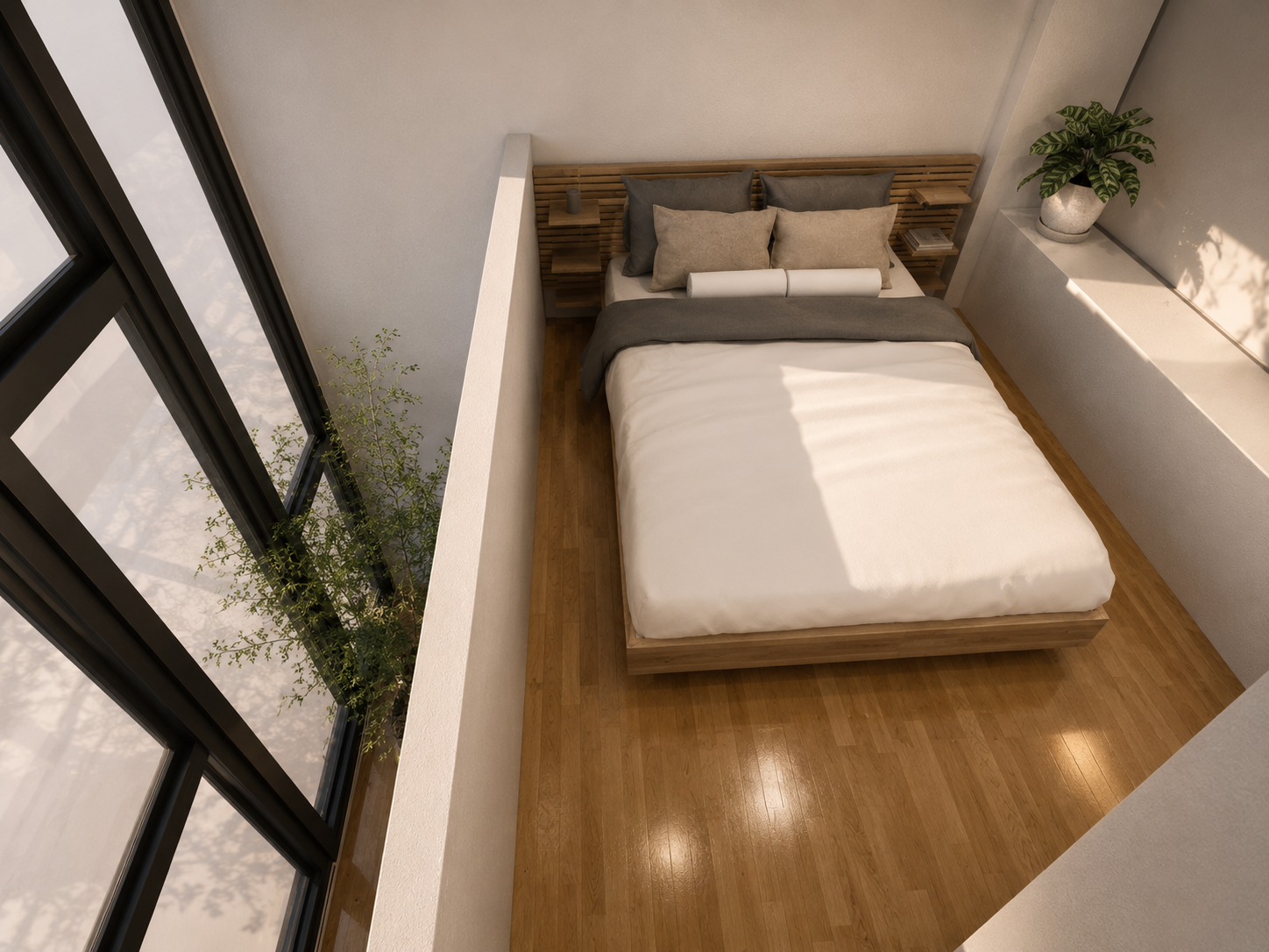 Mezzanine bedroom overhead view with natural light