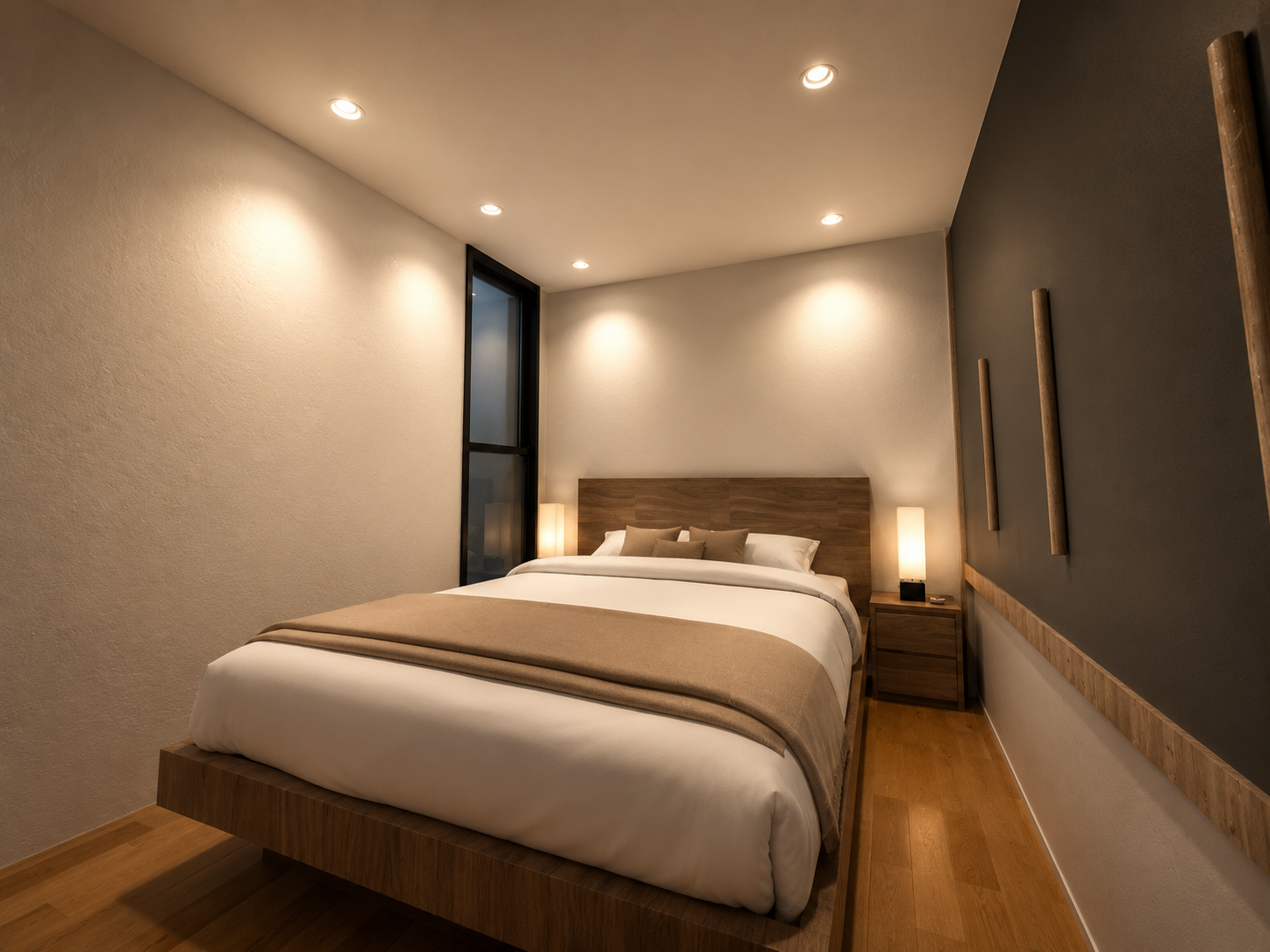 Warm minimal bedroom with ambient lighting