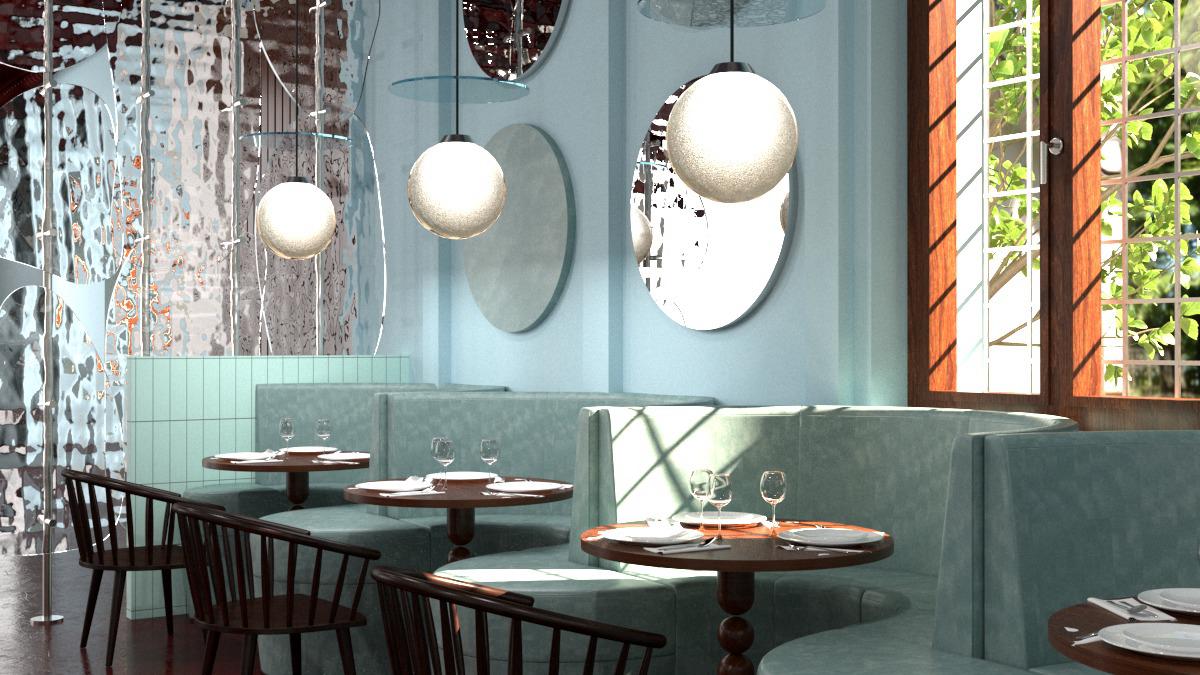 Blue lounge with curved banquette seating