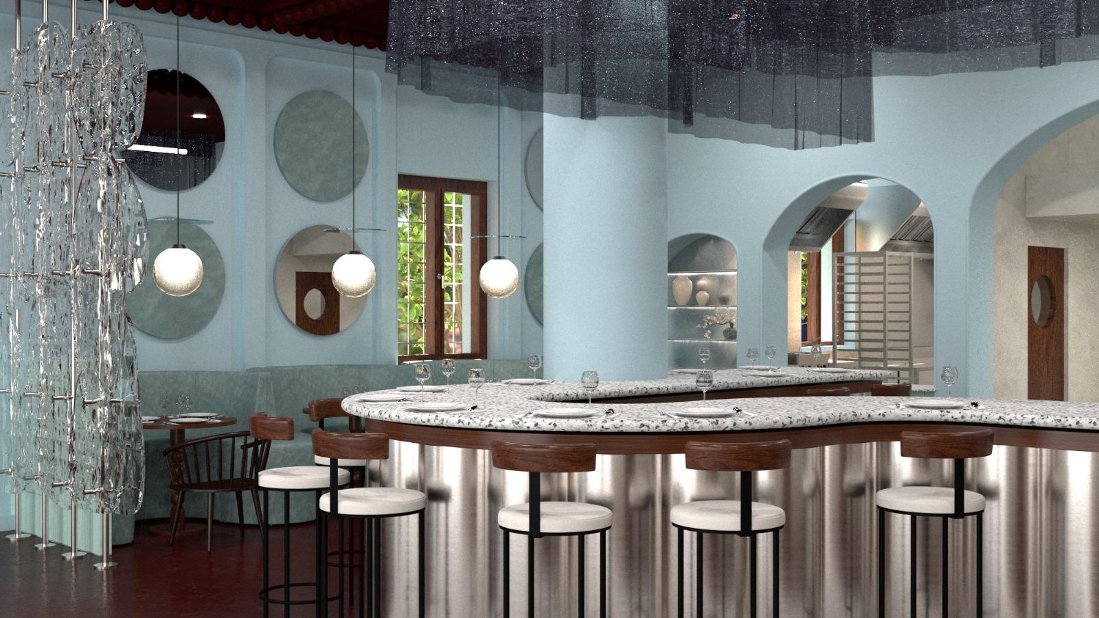 Pale blue dining bar with terrazzo counter