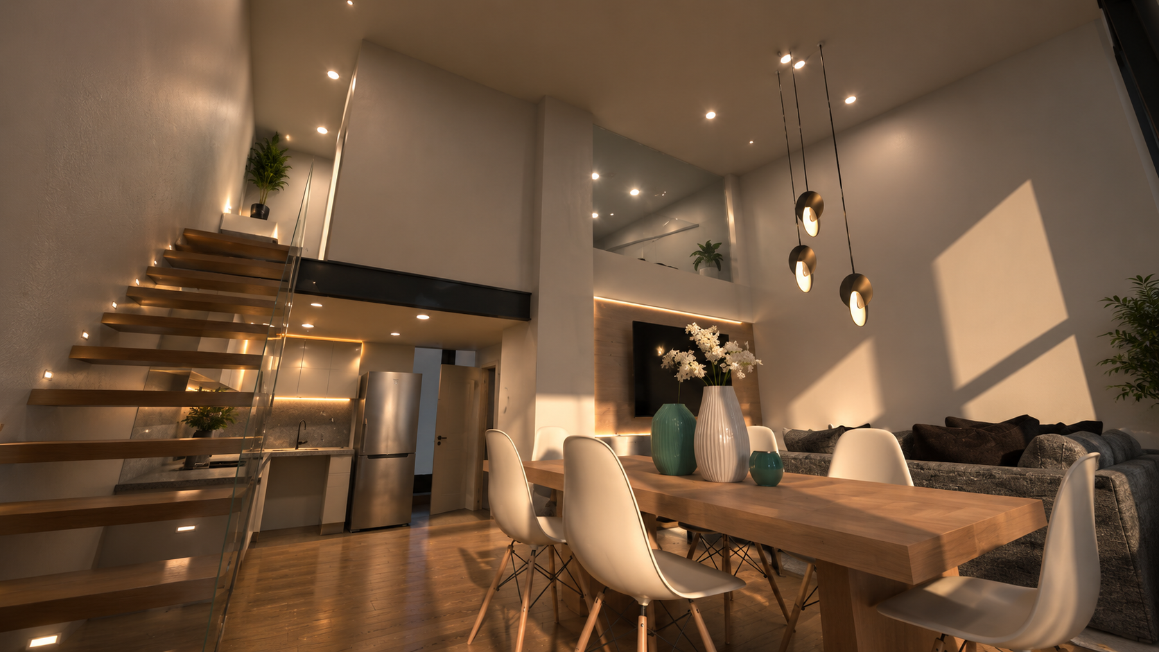 Loft Reform dining area, staircase and mezzanine