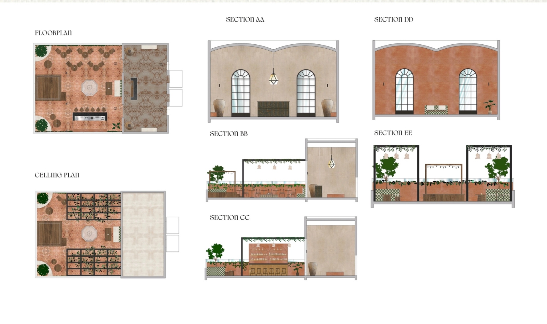 Patio Andaluz floorplan, ceiling plan and sections